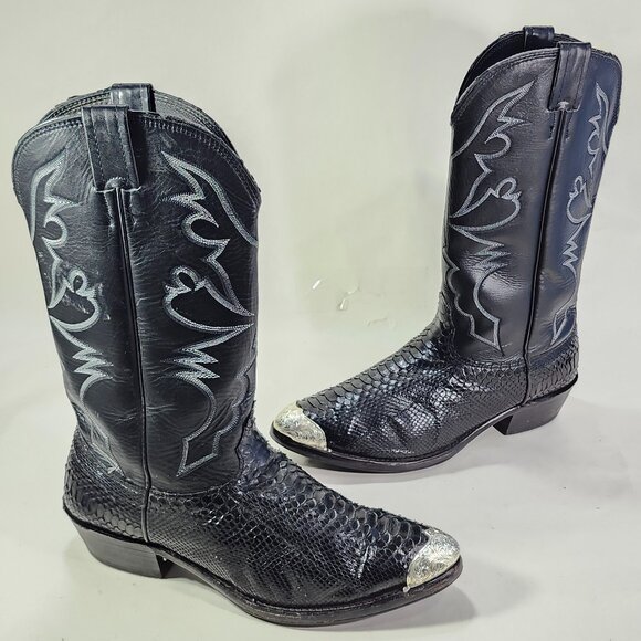 Larry Mahan Black Snakeskin Leather Cowboy Boots Men 11 XE Almond Toe Chrome Tip - Picture 1 of 15
